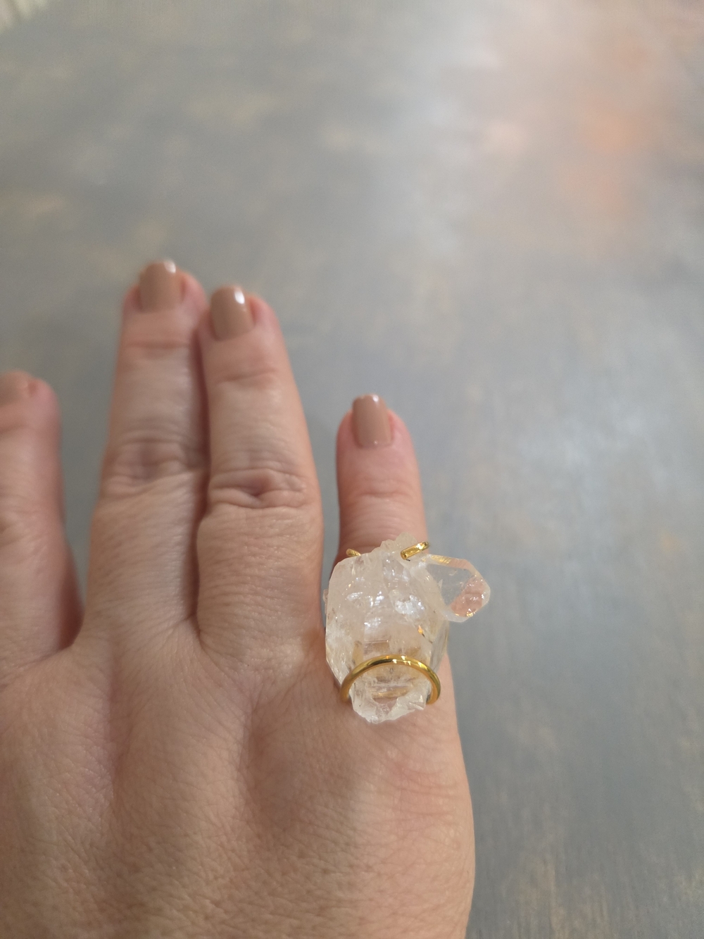Natural Twin Lemurian Quartz Crystal Gold-Plated Ring